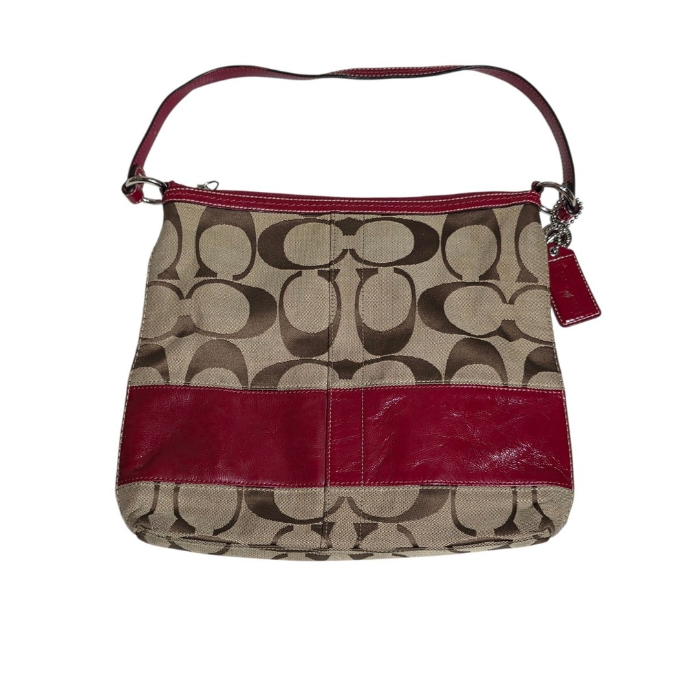 Coach Signature Canvas Shoulder Bag Red Leather Trim Zip Hobo Purse‎